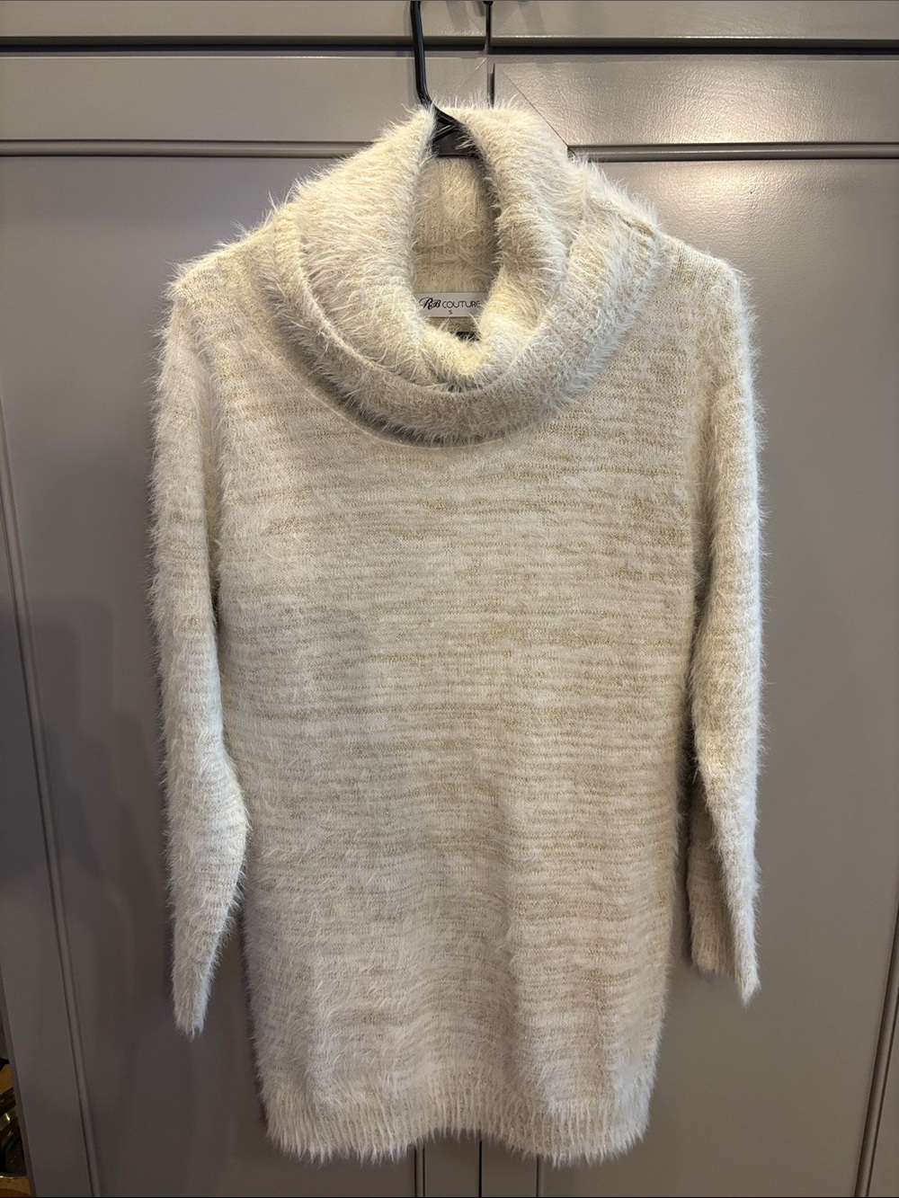 RB Couture Cream Fuzzy Cowl Neck Sweater Dress S